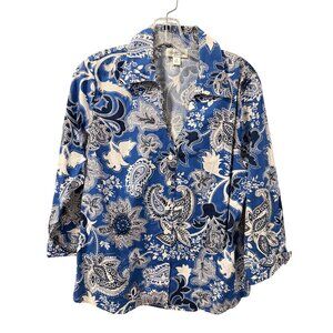 Cold water Creek Blue & White Floral Paisley Button-Down Shirt Sz M women shirt